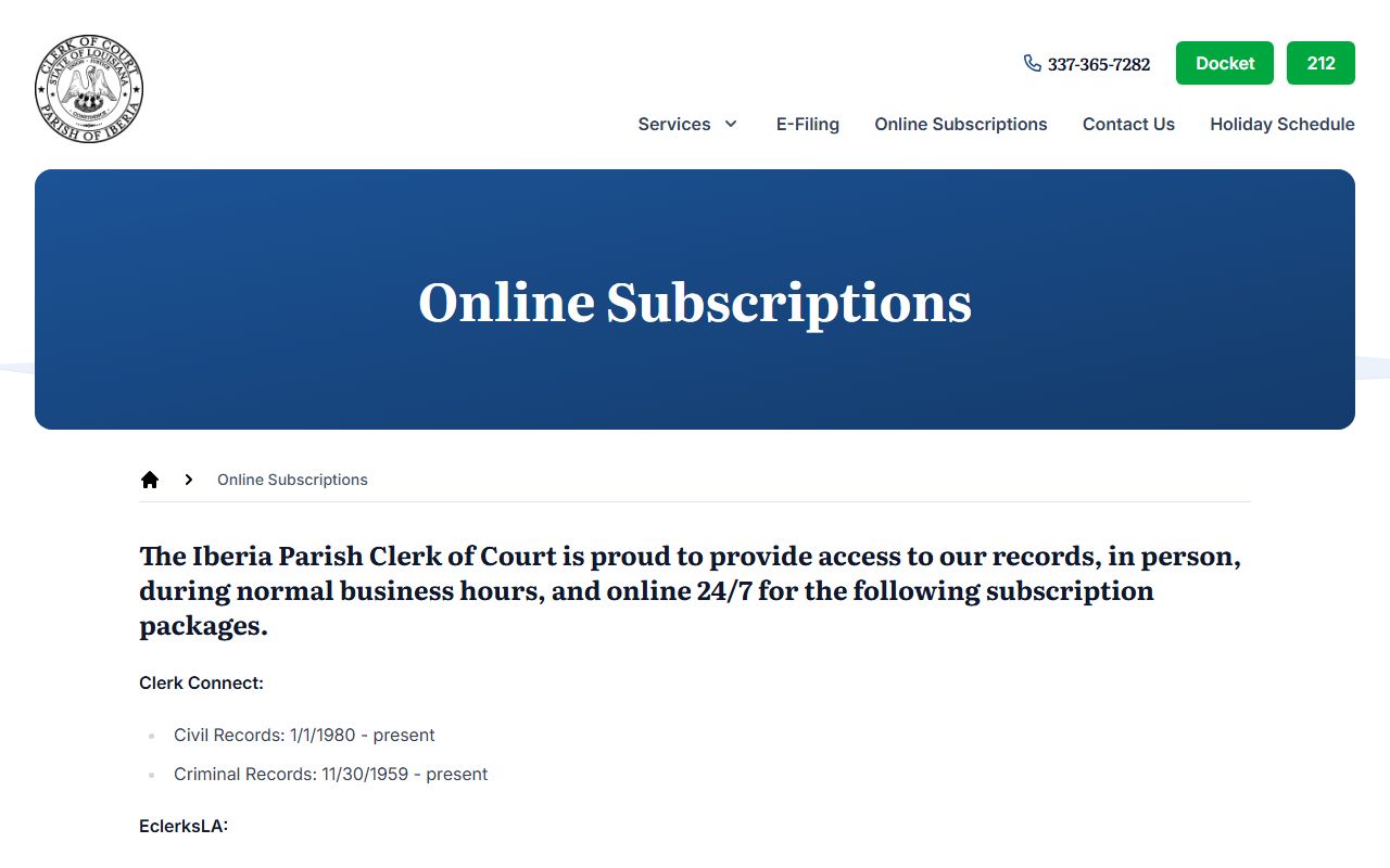 Iberia Parish Clerk online subscriptions page for genealogy records access