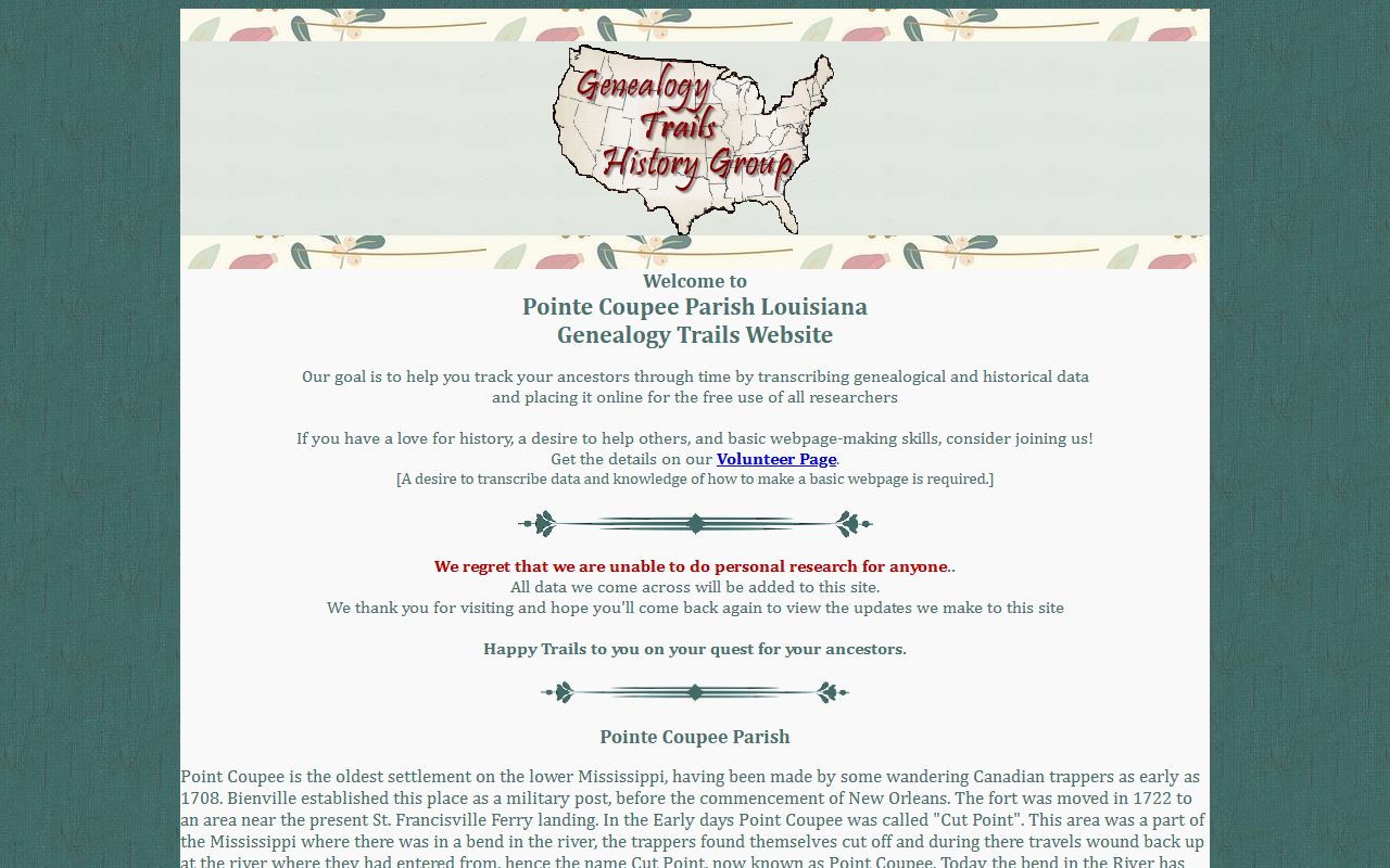 Genealogy Trails Pointe Coupee Parish resources