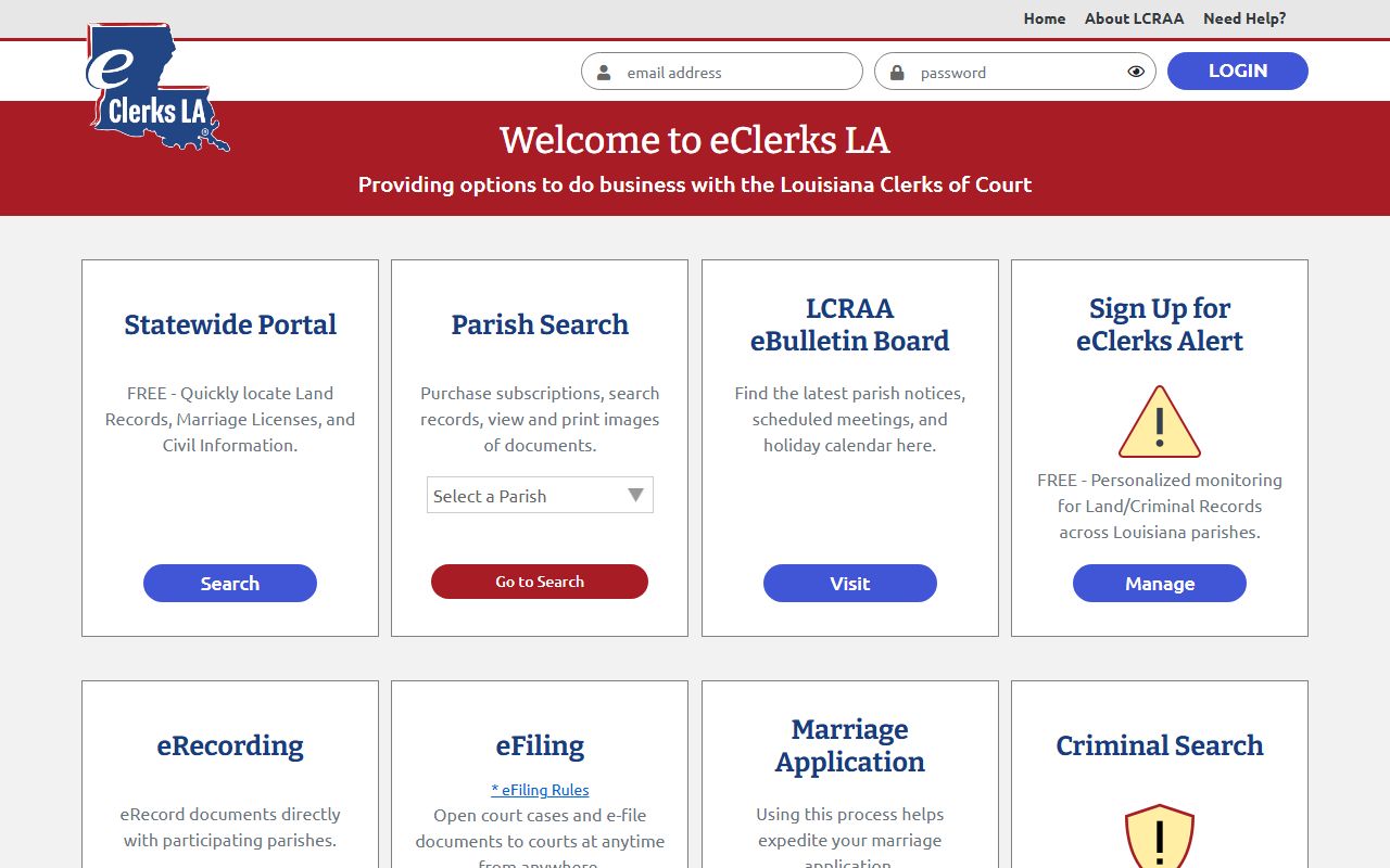 eClerks LA statewide portal for Louisiana genealogy land and court records index search
