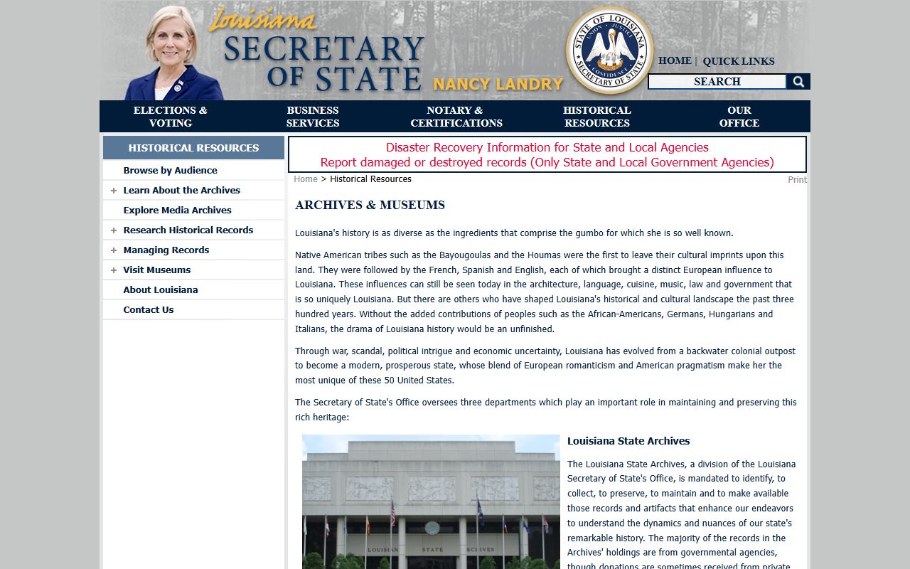 Louisiana State Archives homepage for genealogy records research