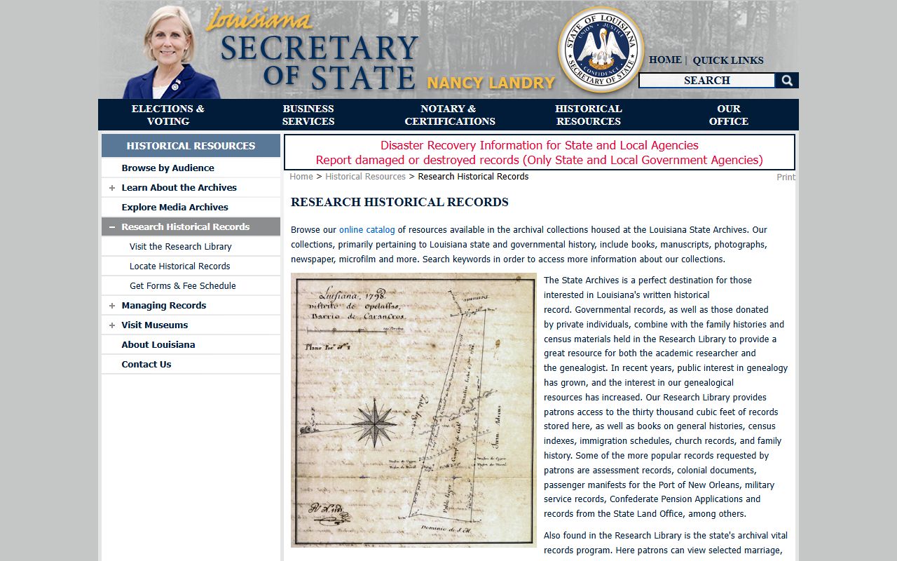 Louisiana State Archives research historical records page listing genealogy collections