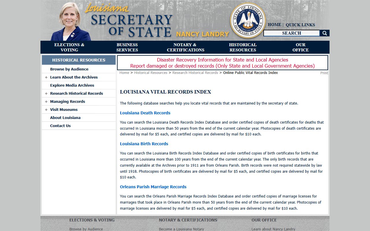 Louisiana State Archives online vital records index database for genealogy research