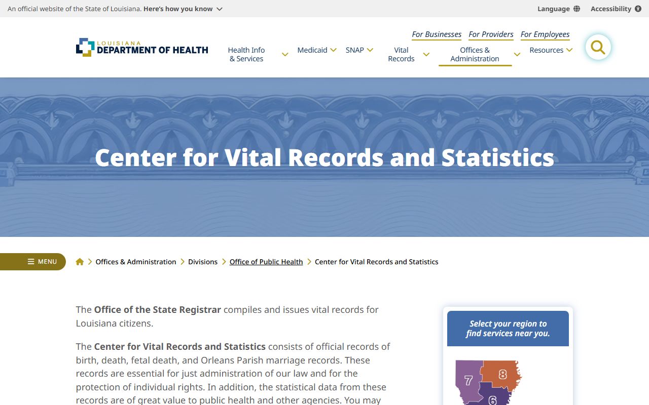 Louisiana Department of Health Vital Records Registry page for genealogy records